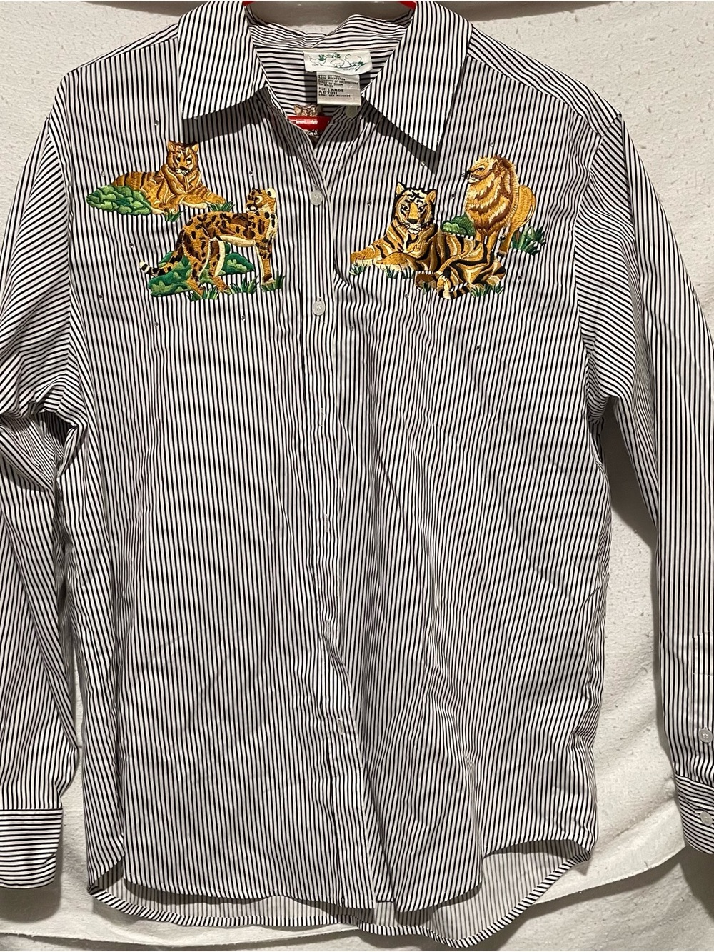 Quacker Factory Women’s Black & White Striped Button-Down with Tiger Embroidery